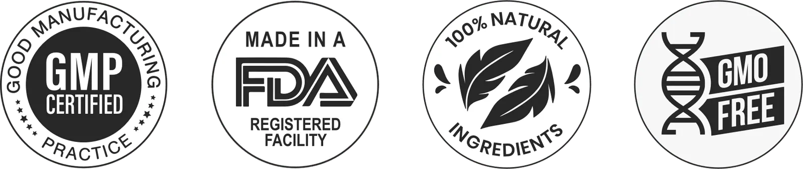 GMP Certified, FDA Registered Facility, 100% Natural, GMO Free